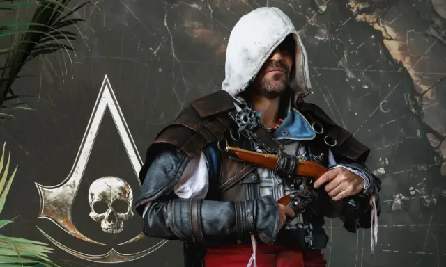 Un pirata con el símbolo de Assassin's Creed Black Flag remake, listo para la acción.