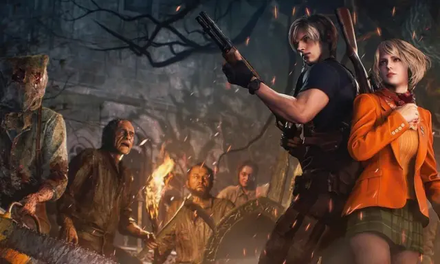 Leon y Ashley se preparan para la batalla contra enemigos con motosierra y antorchas en Resident Evil 4 Remake.