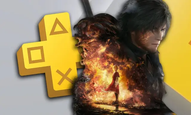 El logo de PS Plus se fusiona con un guerrero y una figura femenina rodeados de fuego. ¡Descubre nuevos juegos PS Plus Premium!