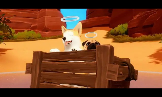 Dos adorables perros, un corgi y un pug, con halos, en un carro de madera. ¡Una aventura de **Nintendo Indie World**!