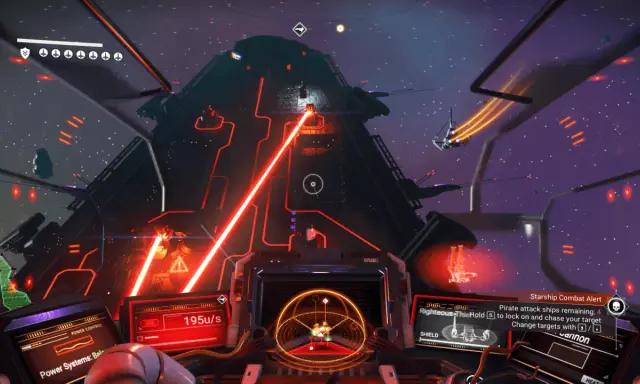 Cabina de nave en combate en No Man's Sky. Rayos láser rojos iluminan una nave pirata.