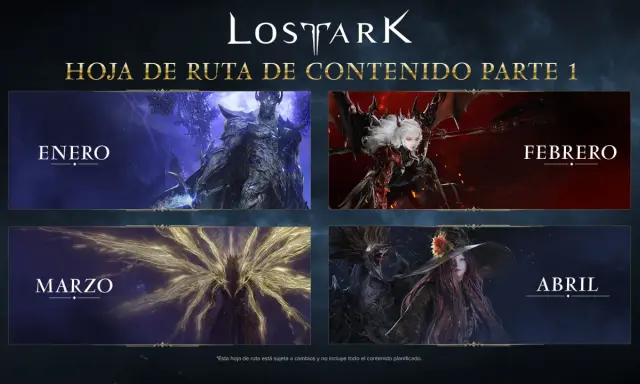 Lost Ark noticias: hoja de ruta de contenido parte 1 con imágenes de enero, febrero, marzo y abril, mostrando personajes y criaturas del juego.