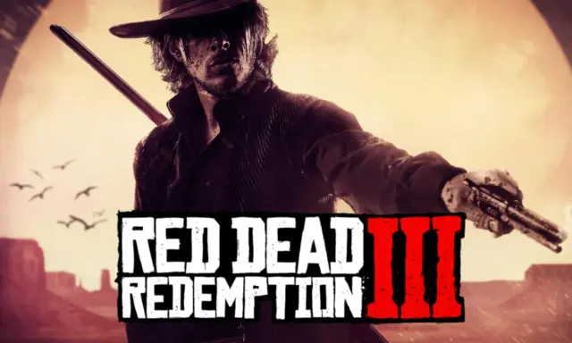 Un pistolero con un rifle al hombro y una pistola en mano, listo para la acción en Red Dead Redemption 3.