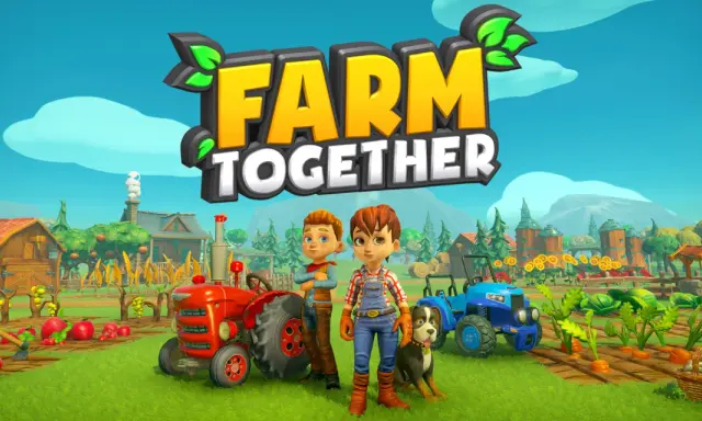 Dos niños y un perro posan frente a un tractor rojo y un azul en un campo de cultivo. El logo de "Farm Together" se cierne sobre la escena, invitando a jugar este juego de granja en Switch.