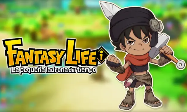 Un personaje de estilo anime con una espada, listo para una aventura en su fantasy life i. El logo de "Fantasy Life" aparece a la izquierda.