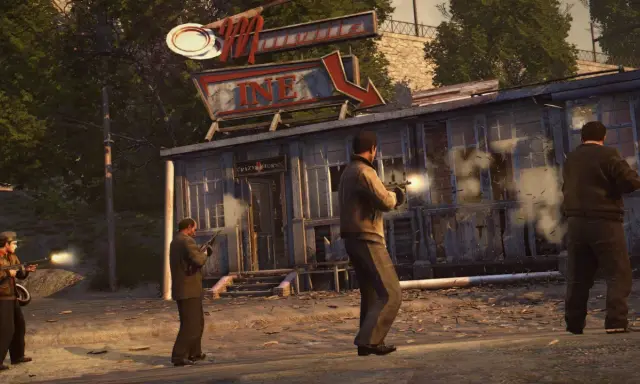 Hombres armados disparan contra un edificio, una escena de acción digna de un juego de mafia en Nintendo Switch.