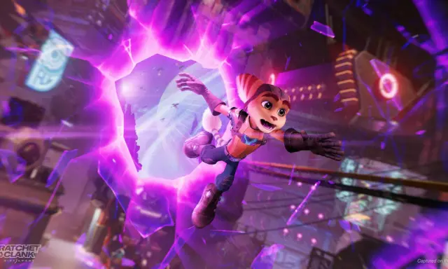 Ratchet salta a través de una grieta dimensional púrpura en Ratchet & Clank: Una Dimensión Aparte.