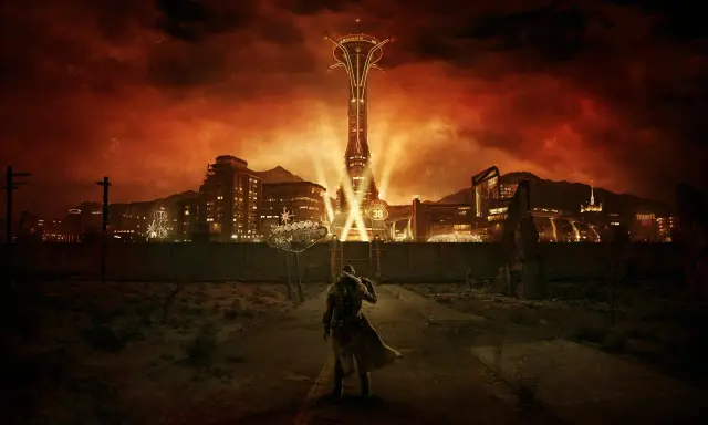 Un personaje solitario se enfrenta a la imponente silueta de New Vegas, con el Lucky 38 brillando. Una visión de **Fallout New Vegas Remastered**.