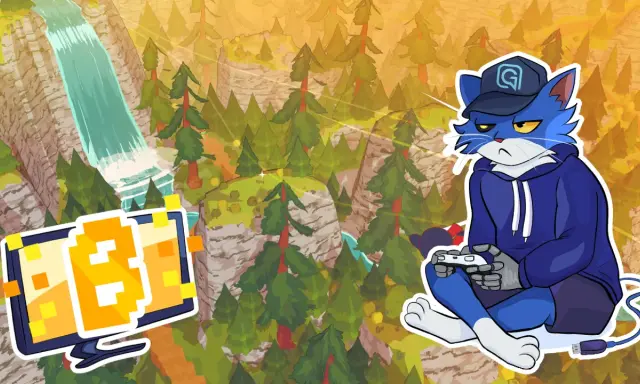 Gato azul con gorra y sudadera azul, jugando videojuegos en medio de un paisaje montañoso con cascada. Parece que prefiere un corto paseo virtual.