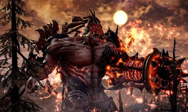 Un demonio de fuego con armadura oscura y un sol naranja en el cielo. ¡Perfecto para tus juegos gratis Steam!