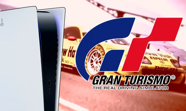 Consola PS5 junto a un coche de carreras amarillo con el logo de Gran Turismo 8.