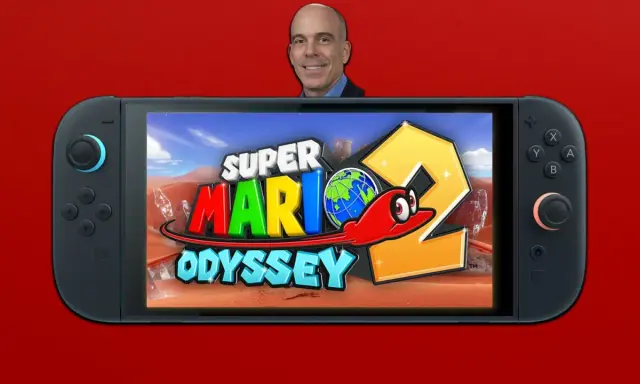 Un hombre sonríe sobre una Nintendo Switch que muestra el logo de Super Mario Odyssey 2, con Cappy y un planeta Tierra.