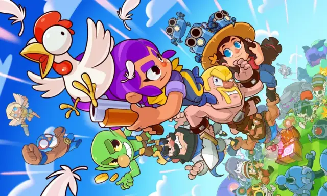 Un grupo diverso de personajes de Squad Busters, incluyendo una gallina, luchan en el aire contra un fondo azul con nubes.