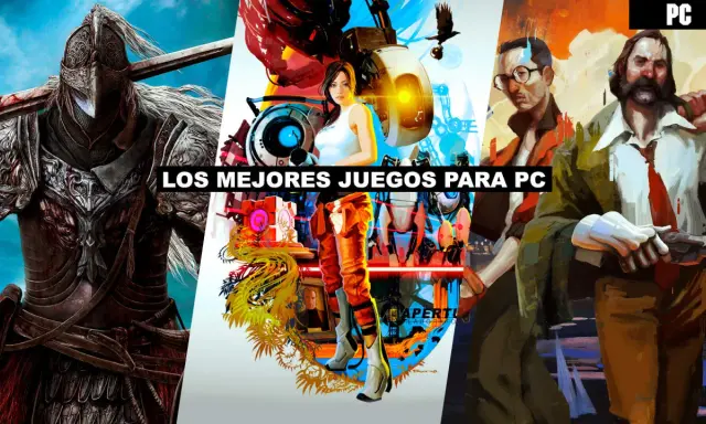 Un guerrero con armadura, Chell de Portal y dos hombres con trajes, todos parte de los mejores juegos para PC.