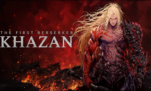 Khazan, el primer berserker, con su armadura demoníaca y cuerpo marcado por la batalla, emerge de un paisaje infernal.