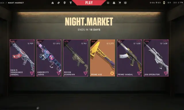 Ofertas exclusivas en el mercado nocturno de Valorant: skins de armas como Gaia's Vengeance Vandal, Prime Axe y Ion Operator.
