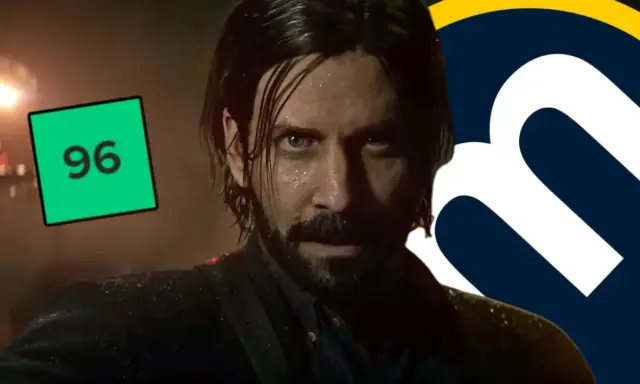Alan Wake 2 análisis: el personaje principal con una puntuación de 96 en un recuadro verde y un logo de "m" al lado.
