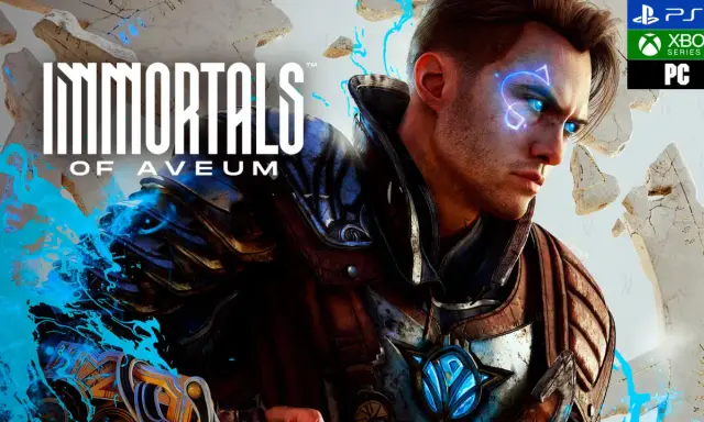 El protagonista de Immortals of Aveum, con ojos azules brillantes y armadura, se prepara para la batalla.
