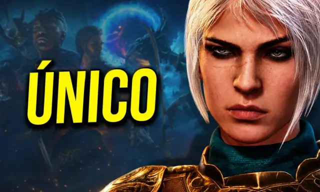 Primer plano de una mujer con cabello rubio platino y armadura dorada, con el texto "ÚNICO" y personajes de Baldur's Gate III al fondo.