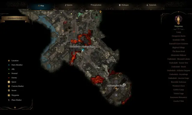 Mapa del juego Baldur's Gate 3, mostrando la zona de la Forja Adamantina en el Underdark.