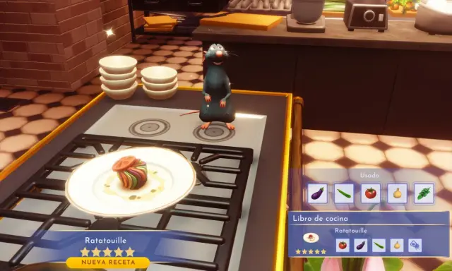 Remy prepara ratatouille en Dreamlight Valley. El libro de cocina muestra los ingredientes para esta y otras recetas.