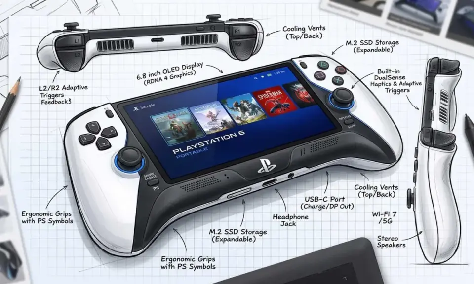 Concepto de **PlayStation 6** portátil con pantalla OLED, gatillos adaptativos y almacenamiento M.2 expandible.