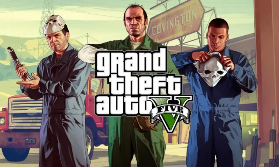 Los tres protagonistas de GTA 5, listos para el lanzamiento del juego, con máscaras y armas.