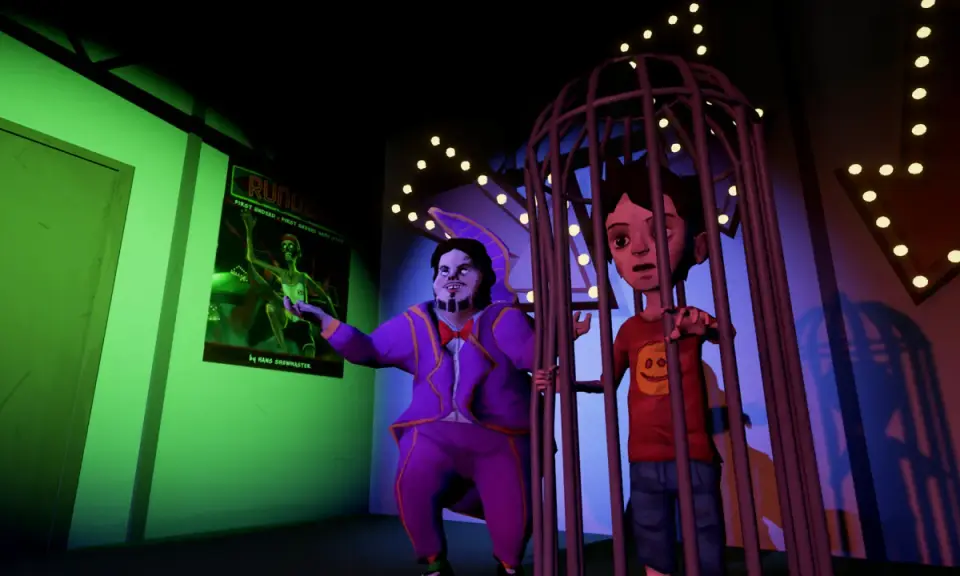 Ben, el presentador, mira a Ed, atrapado en una jaula. Un póster de "Rundead" cuelga en la pared.