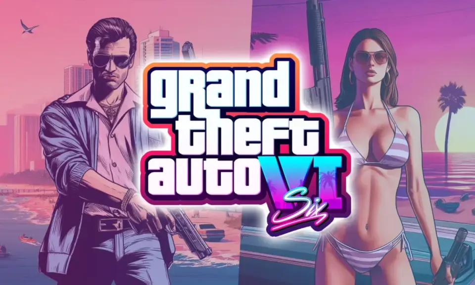 El arte promocional de Grand Theft Auto VI muestra a un hombre con gafas de sol y una mujer en bikini, ambos armados, anticipando cuando sale GTA 6.