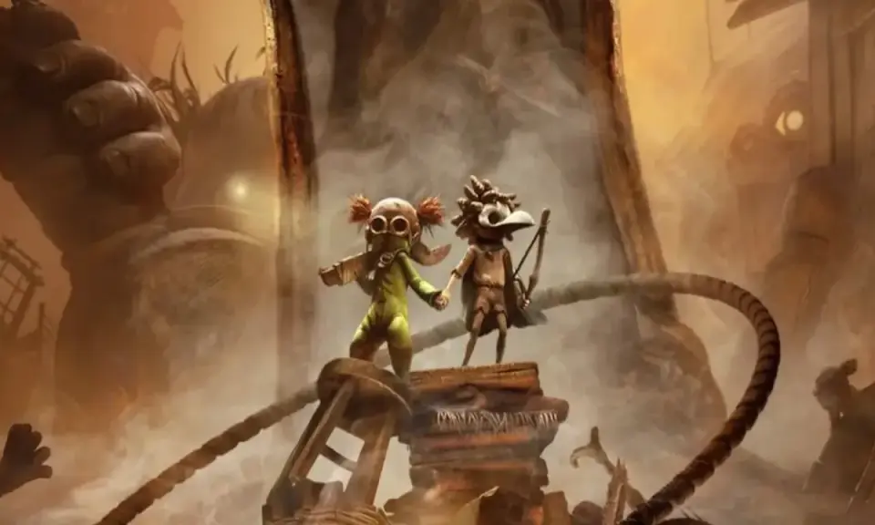 Dos niños, uno con traje verde y otro con arco, se enfrentan a un gigante en Little Nightmares 3.