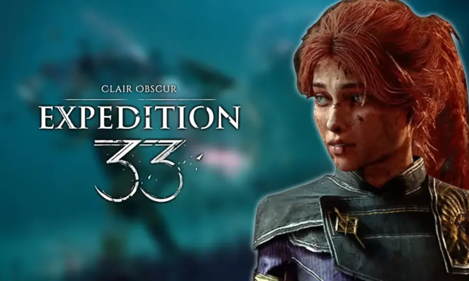 Una joven con cabello rojo y ojos azules, con el logo "Clair Obscur Expedition 33" al fondo.