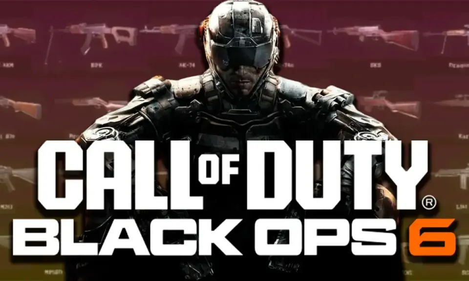 Soldado futurista con armadura y casco, rodeado de armas. El logo "CALL OF DUTY BLACK OPS 6" domina la imagen.