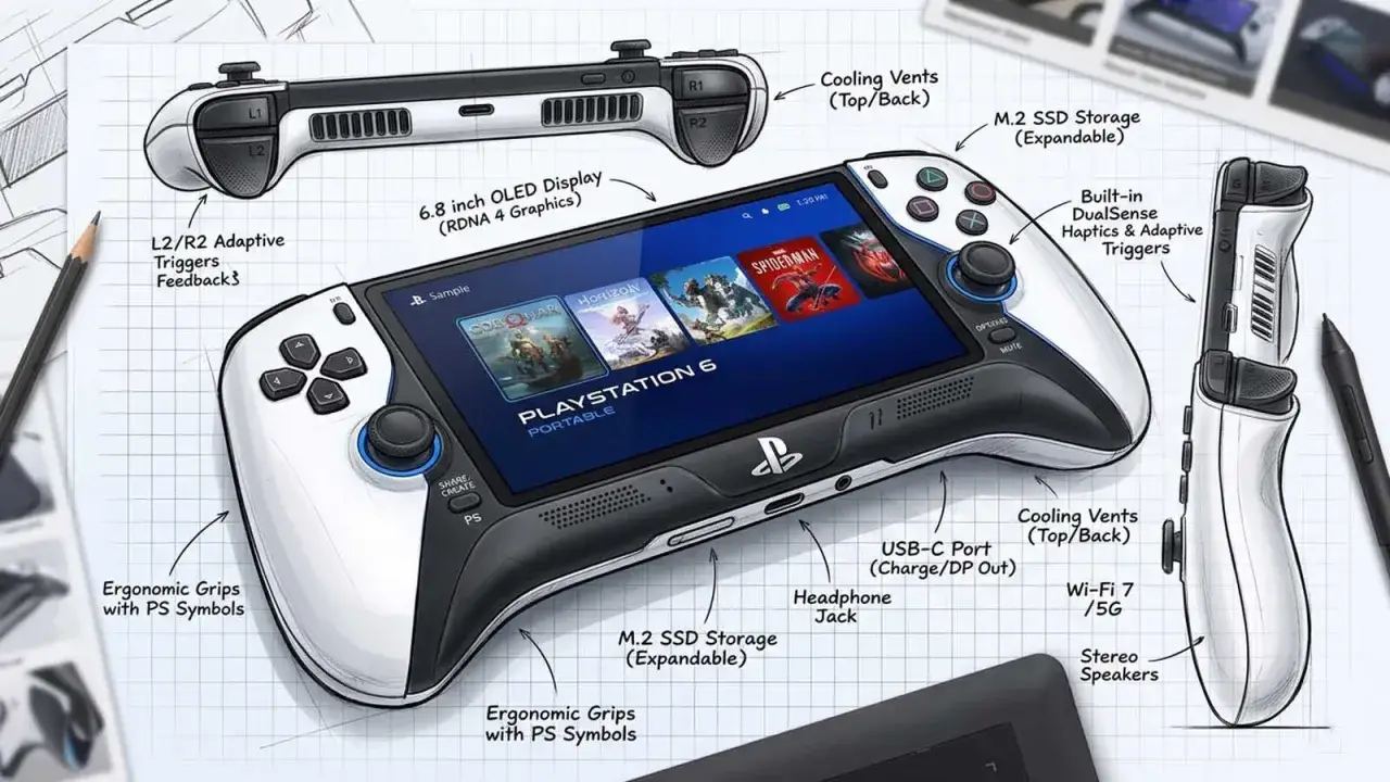 Concepto de **PlayStation 6** portátil con pantalla OLED, gatillos adaptativos y almacenamiento M.2 expandible.