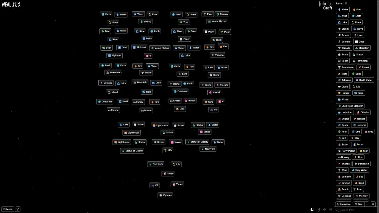 Explorando el universo de Infinite Craft, combinando elementos como Tierra, Agua y Fuego para crear nuevas maravillas.