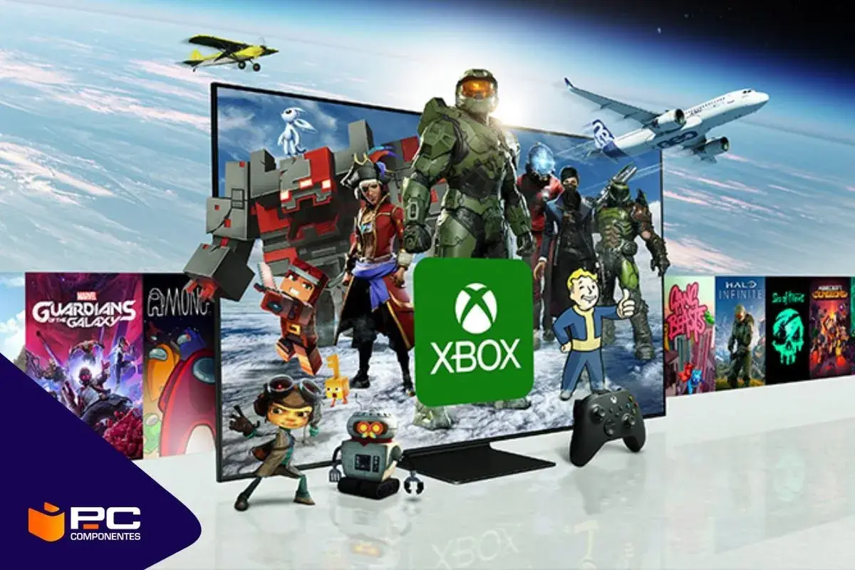 Personajes de videojuegos y el logo de Xbox, listos para jugar en la nube. ¡Xbox Cloud Gaming te lleva a nuevas aventuras!