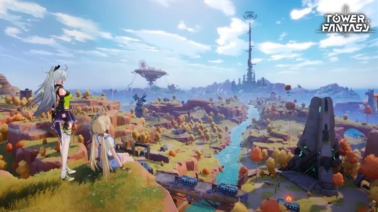 Dos chicas observan un vasto paisaje de Tower of Fantasy, con una torre imponente y estructuras futuristas en el horizonte.