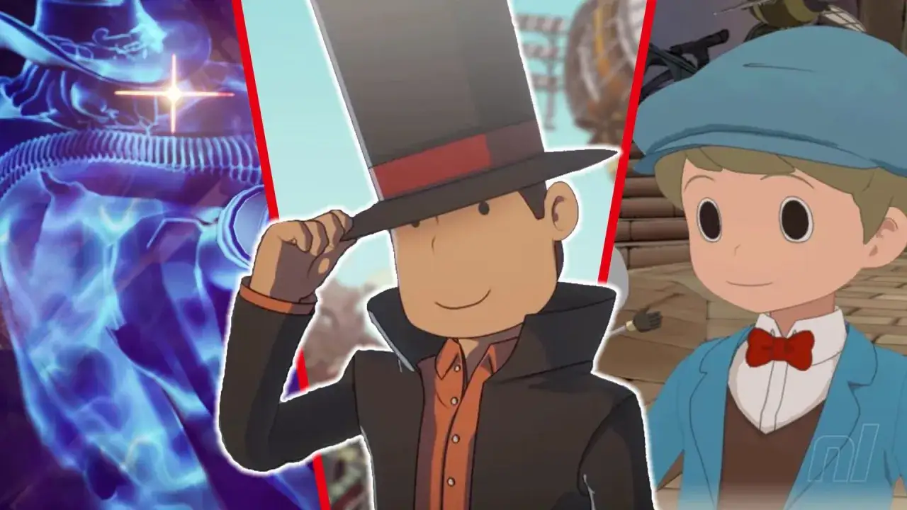 El Profesor Layton saluda en el nuevo mundo a vapor. A su lado, Luke y una figura etérea azul.