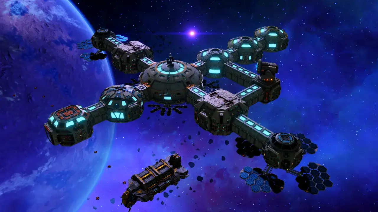 Estaci&oacute;n espacial futurista con luces azules brillantes, nave espacial y un planeta p&uacute;rpura al fondo, evocando el universo de No Man's Sky.