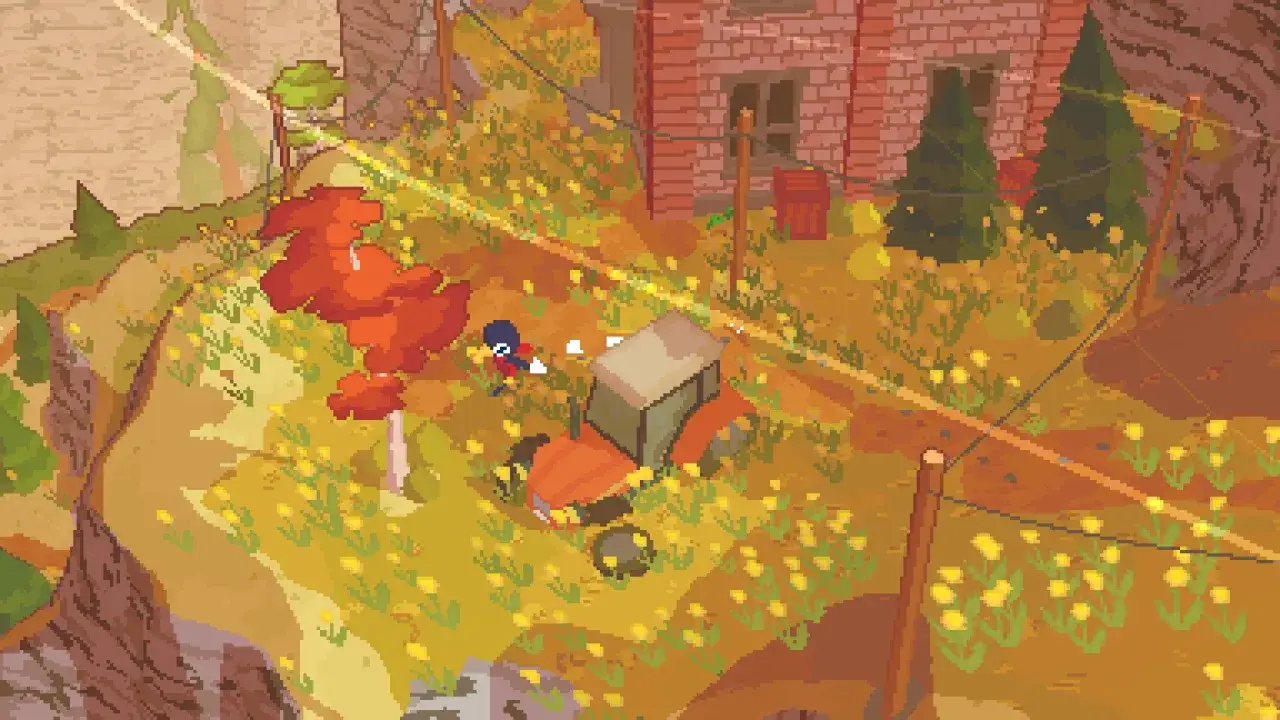 Un personaje con ropa azul y roja camina por un sendero cubierto de flores amarillas, cerca de un tractor abandonado. Un corto paseo en un día soleado.