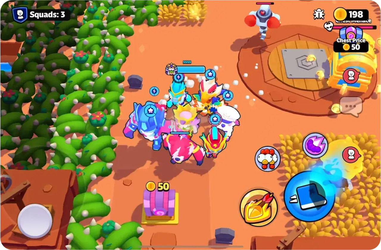 Un grupo de personajes coloridos de Squad Busters se reúne en un campo de batalla desértico, rodeados de cactus y tesoros.