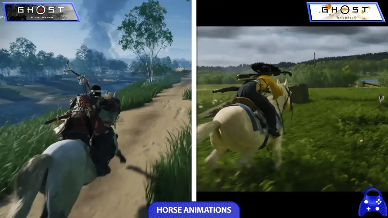 Jin cabalga por Tsushima, mostrando las animaciones de caballos en Ghost of Tsushima para Xbox.