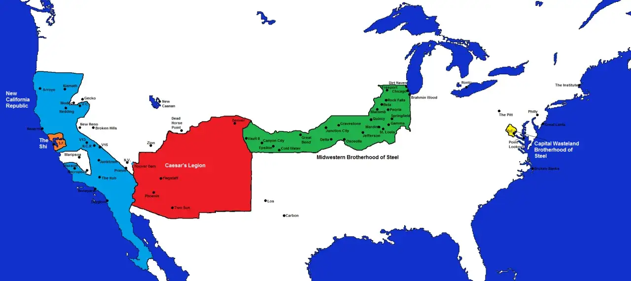 Mapa de facciones de Fallout: New Vegas y alrededores. La NCR azul domina California, la Legión de César roja el suroeste, y la Hermandad del Acero verde el medio oeste.