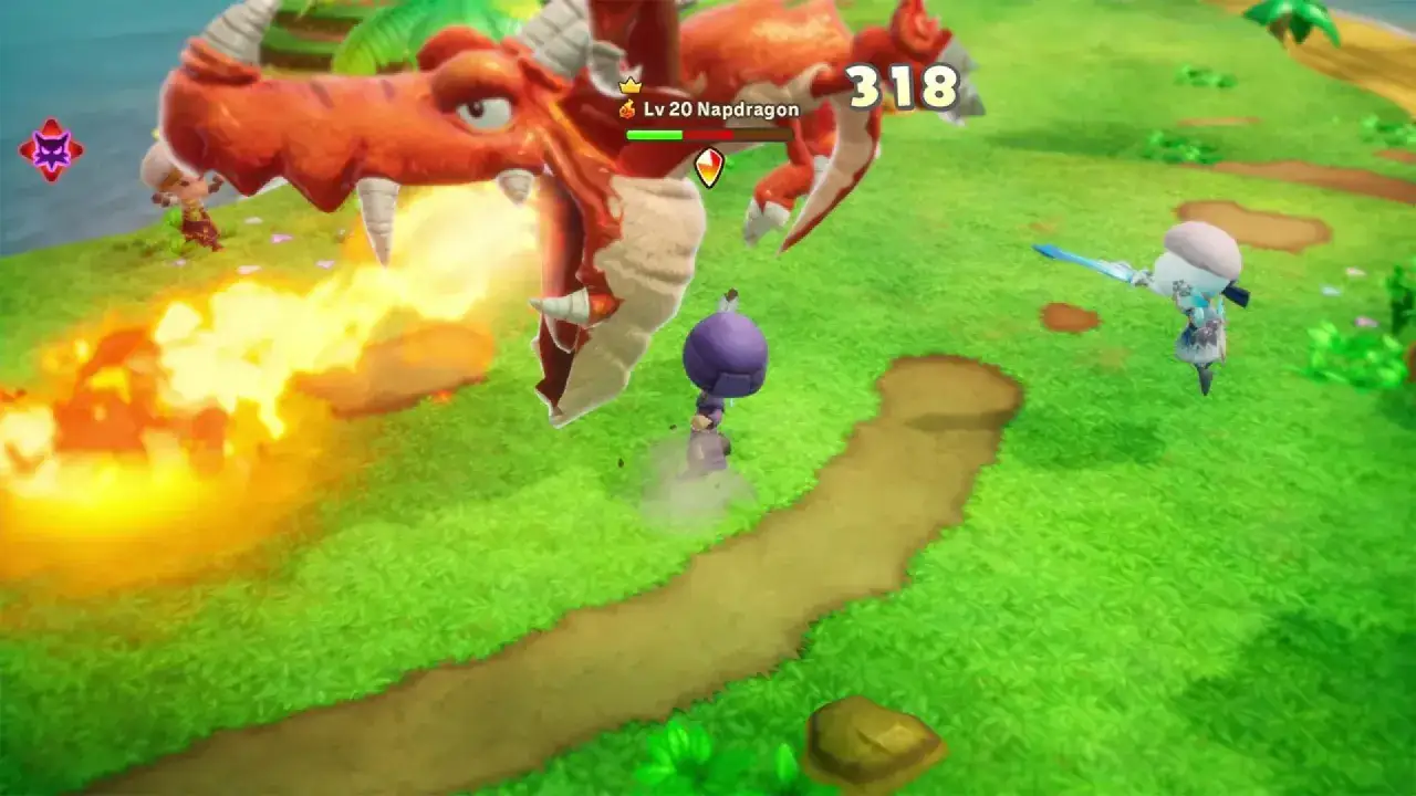 Un drag&oacute;n escupe fuego a un personaje en un mundo de fantas&iacute;a. &iexcl;Una aventura &eacute;pica en tu vida!