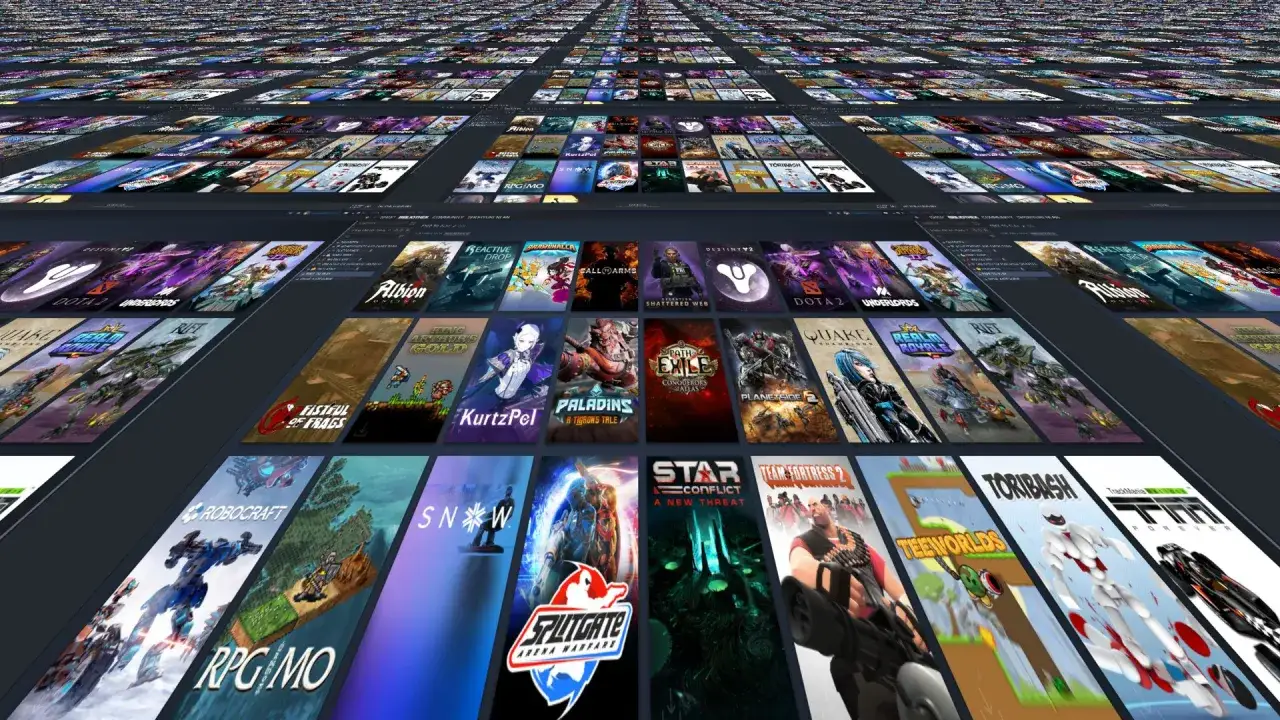 Una vista infinita de car&aacute;tulas de juegos de Steam, mostrando una gran variedad de t&iacute;tulos disponibles, muchos de ellos son juegos gratis Steam.