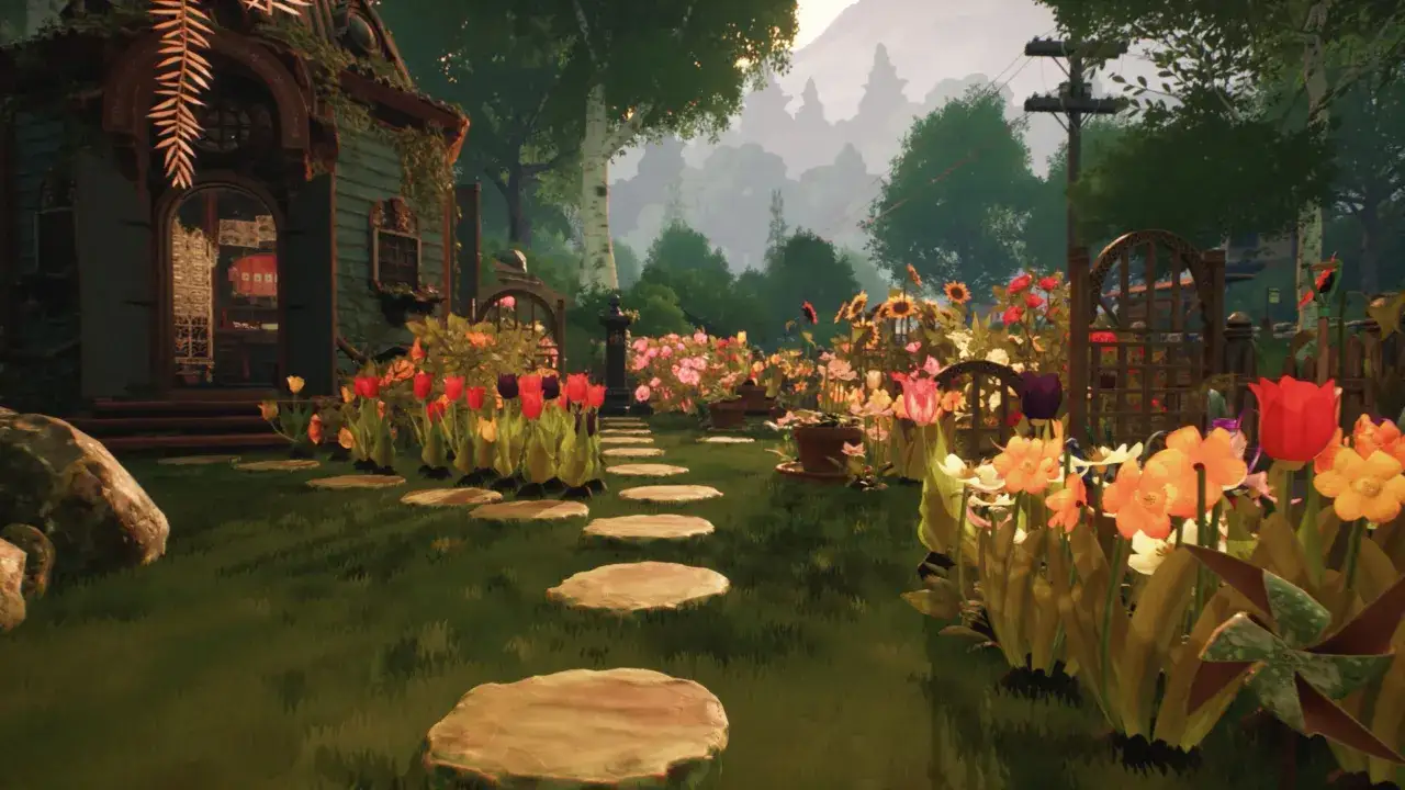 Un jard&iacute;n vibrante con tulipanes y girasoles, una casa acogedora y un camino de piedras. &iexcl;Un para&iacute;so para los amantes de Animal Crossing en PS5!