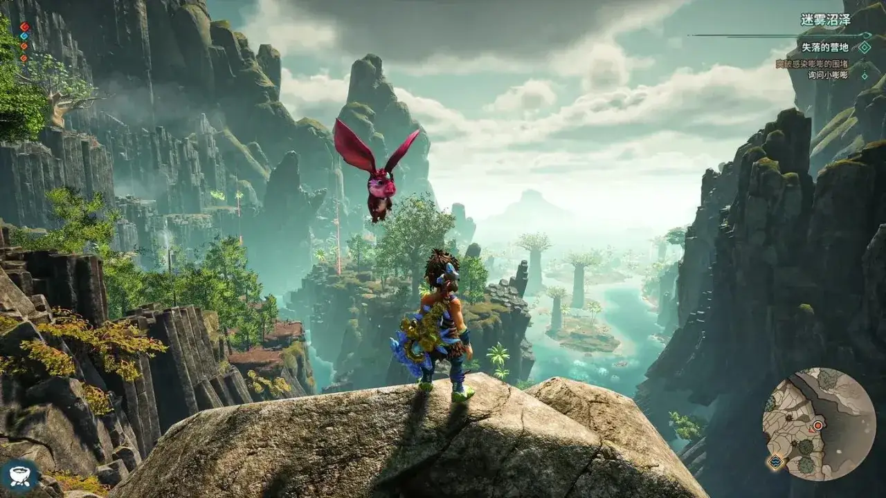 Personaje en un acantilado mira a un drag&oacute;n volador en un mundo de fantas&iacute;a. Un juego de estrategia para PS5.