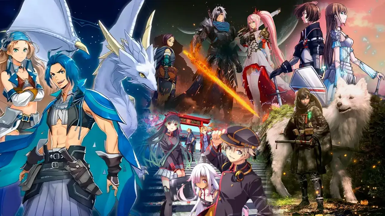 Personajes de anime, dragones y lobos blancos, evocando los mejores jrpg de la historia.