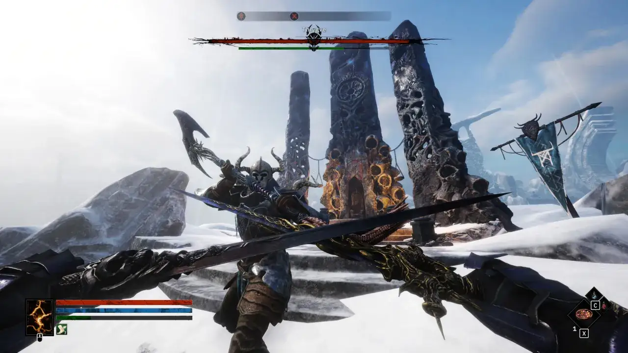 Un guerrero con armadura y cuernos empuña dos espadas frente a monolitos oscuros en Tainted Grail: The Fall of Avalon.