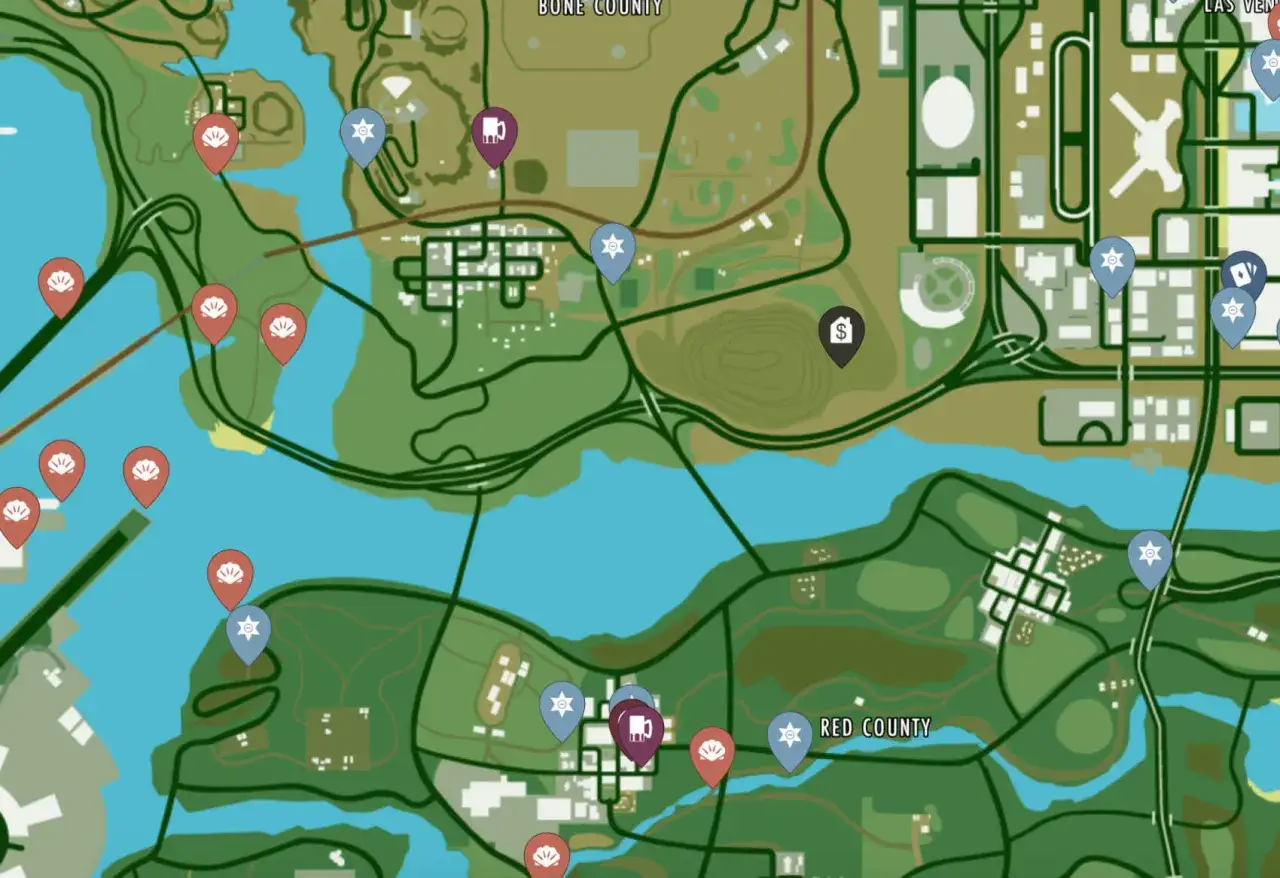 Mapa de San Andreas con marcadores de misiones: conchas rojas, estrellas azules de polic&iacute;a y un s&iacute;mbolo de d&oacute;lar.