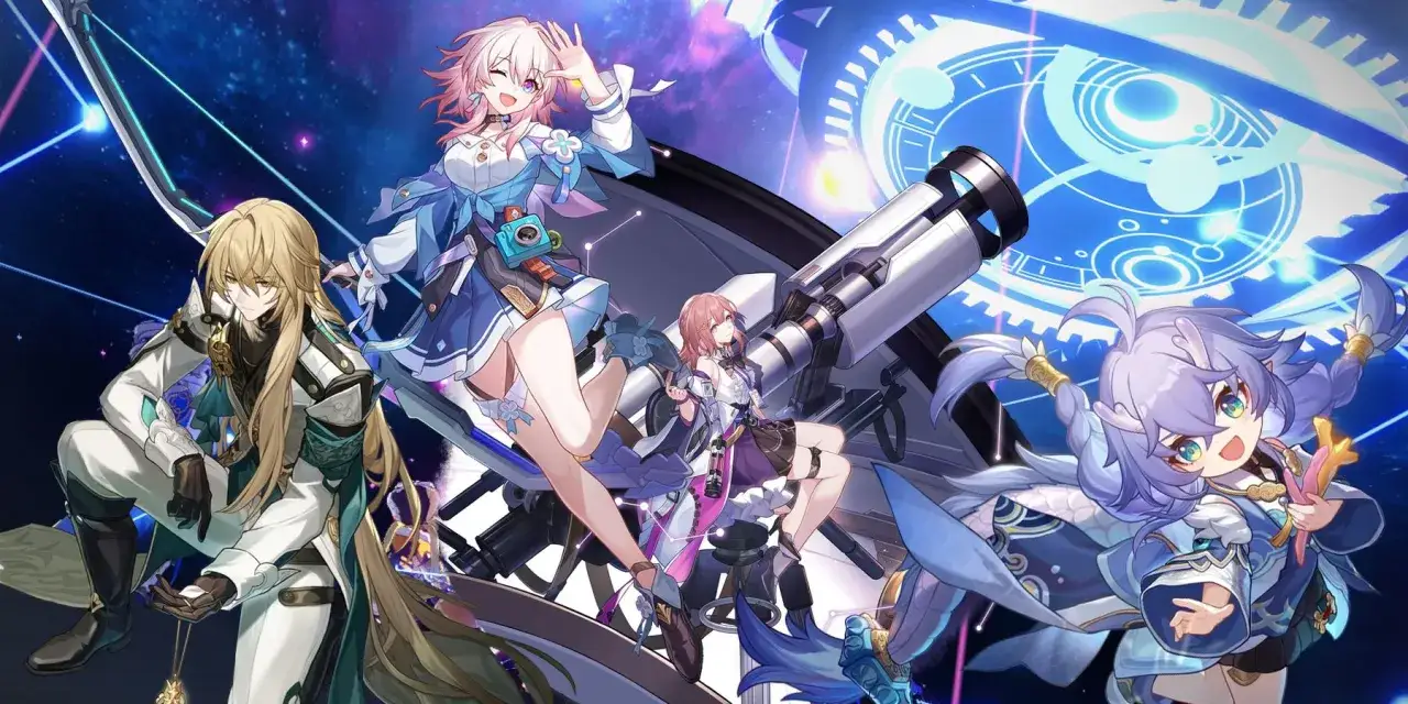 Personajes de Honkai Star Rail en un fondo c&oacute;smico, listos para la batalla. &iquest;Qui&eacute;n estar&aacute; en la cima de la honkai star rail tier list?
